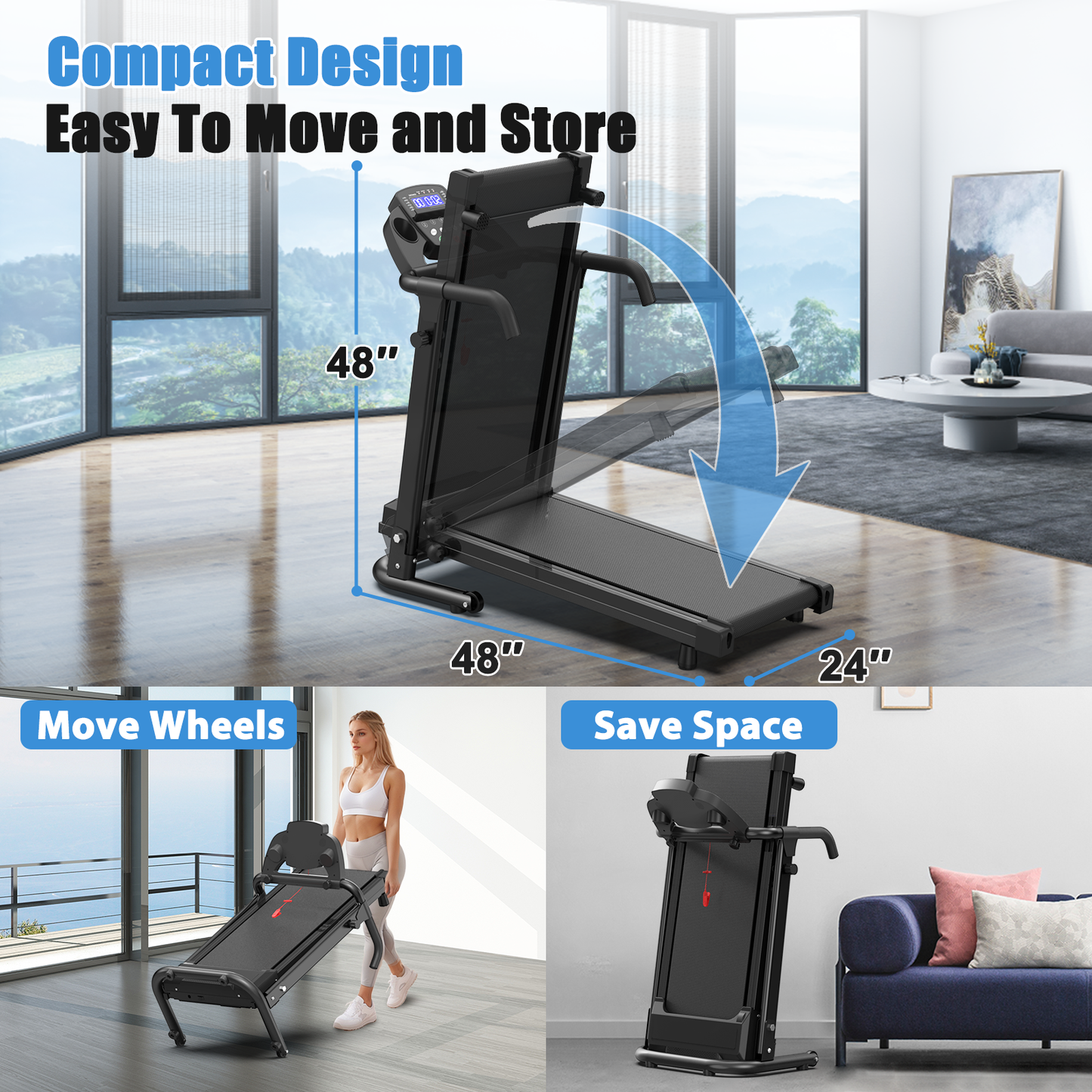 Portable Foldable Compact Treadmill with Built-in Rolling Wheels for Home Fitness