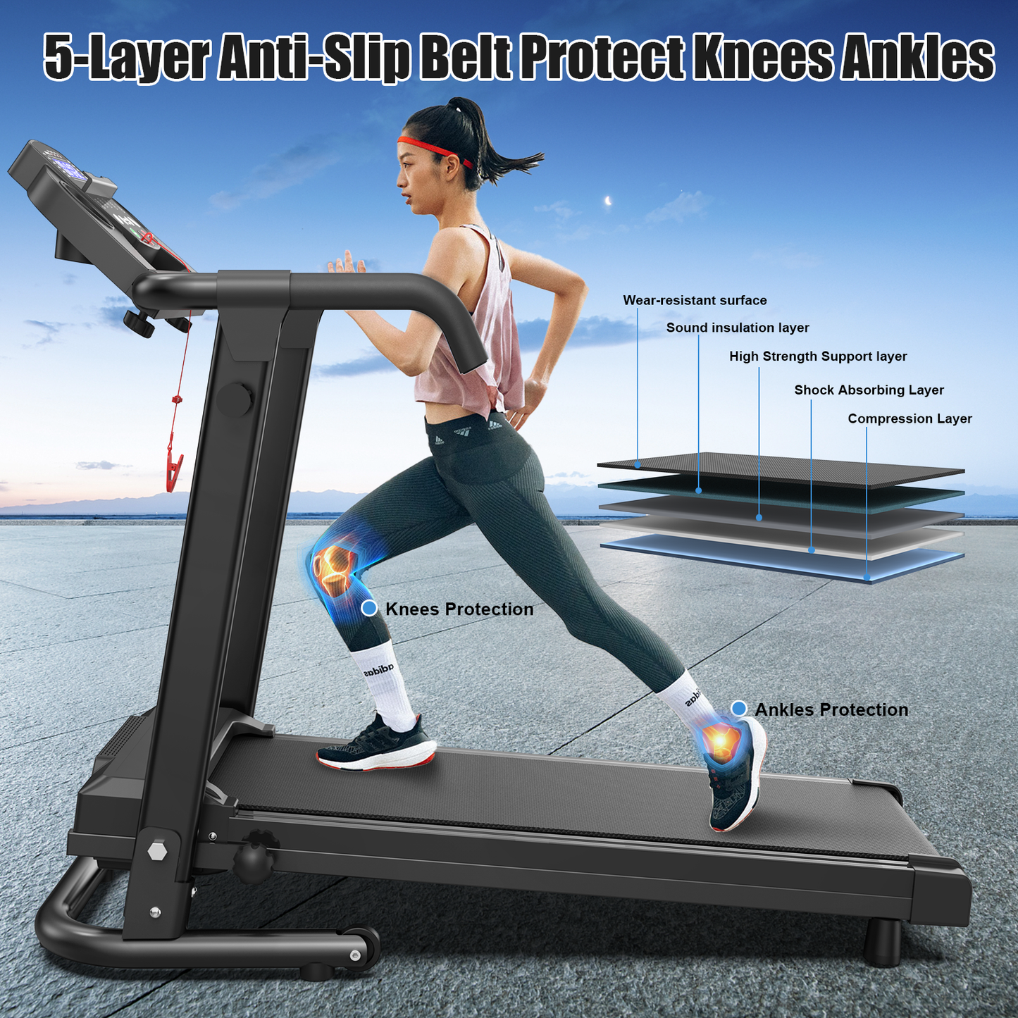 Portable Foldable Compact Treadmill with Built-in Rolling Wheels for Home Fitness